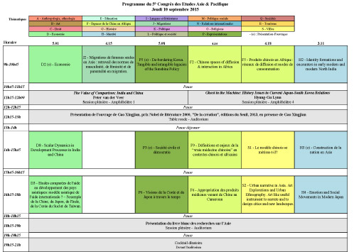 Grille horaire - jeudi 10 septembre