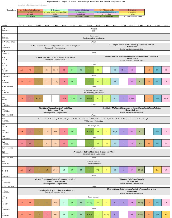 Grille horaire d&eacute;taill&eacute;e - 9 au 11 septembre